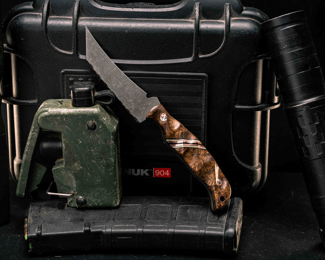 Draugr- Black Ash Burl, Black G10, White G10 and Copper Split, Copper Patriot Mosaic Pins, Textured Grip