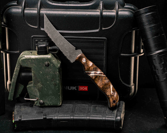 Draugr- Black Ash Burl, Black G10, White G10 and Copper Split, Copper Patriot Mosaic Pins, Textured Grip