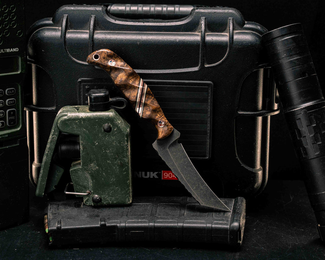 Draugr- Black Ash Burl, Black G10, White G10 and Copper Split, Copper Patriot Mosaic Pins, Textured Grip