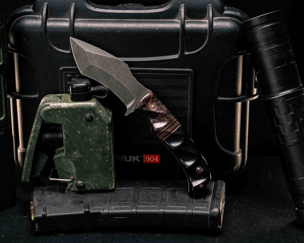 Buteo- Copper Dark Matter Carbon, Black G10, Coyote G10 and Copper Split, Black Burlap Micarta, Copper Patriot Mosaic Pins, 1/8" Copper Pin, Textured Grip