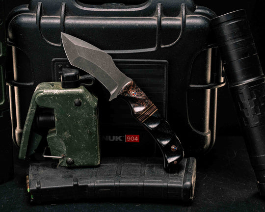 Buteo- Copper Dark Matter Carbon, Black G10, Coyote G10 and Copper Split, Black Burlap Micarta, Copper Patriot Mosaic Pins, 1/8" Copper Pin, Textured Grip