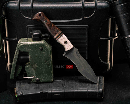 Extremis MK1- Elk Antler, Black G10, Coyote G10, Copper and Black Canvas Micarta Split, Hawaiian Curly Koa, Mosaic Pins, Copper Lanyard Pin, Smooth Grip
