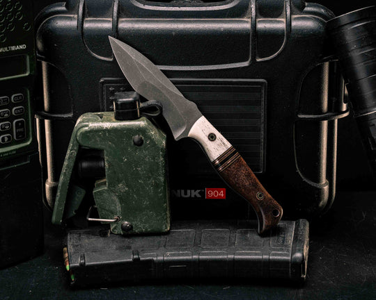 Extremis MK1- Elk Antler, Black G10, Coyote G10, Copper and Black Canvas Micarta Split, Hawaiian Curly Koa, Mosaic Pins, Copper Lanyard Pin, Smooth Grip