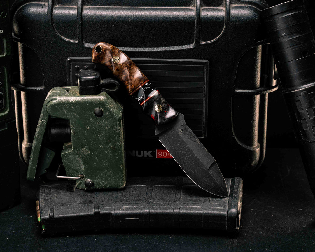 Disaster Cub Gen 3- Red Dark Matter Carbon, Black G10, Cherry G10 and Brass Pin Striping, Black with White Web Tru-stone Split, Amboyna Burl, Mosaic Pins, Brass Lanyard Pin, Textured Grip