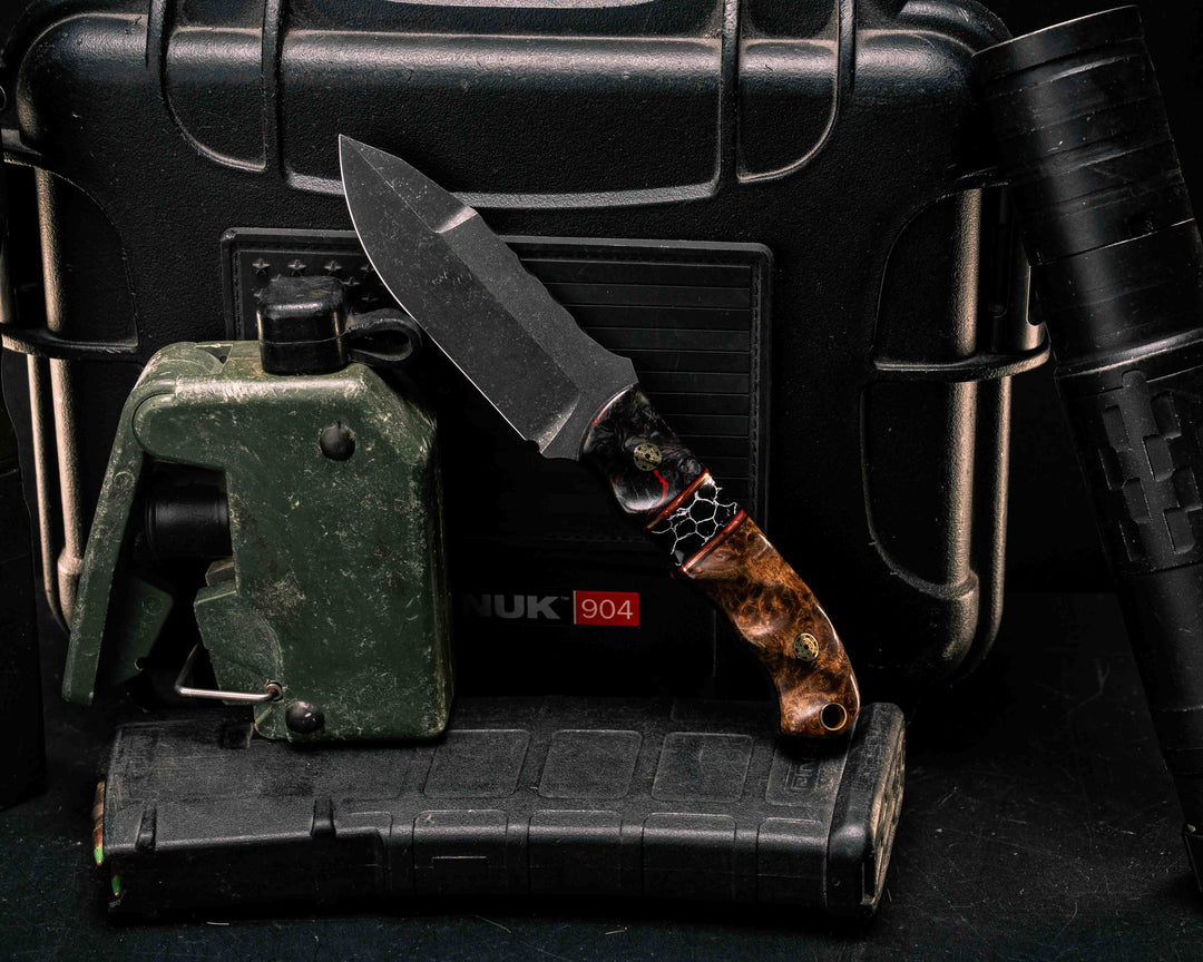 Disaster Cub Gen 3- Red Dark Matter Carbon, Black G10, Cherry G10 and Brass Pin Striping, Black with White Web Tru-stone Split, Amboyna Burl, Mosaic Pins, Brass Lanyard Pin, Textured Grip