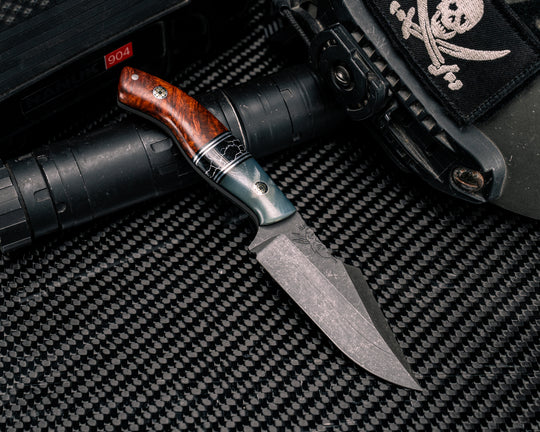 Widow Maker JR- Jade G10, Black G10 and Aluminum Pin Striping, Black with White Web Tru-stone Split, Afzelia Burl, Mosaic Pins, 1/8" Aluminum Pin, Smooth Grip