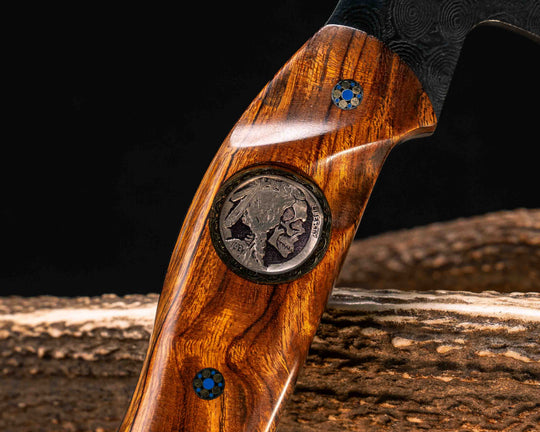 Recce Alpha Hawk- Baker Forge Raindrop Damascus- Desert Ironwood, 1937 Buffalo Nickel Over Engraved Brass Inlay, Mosaic Pins, Textured Grip