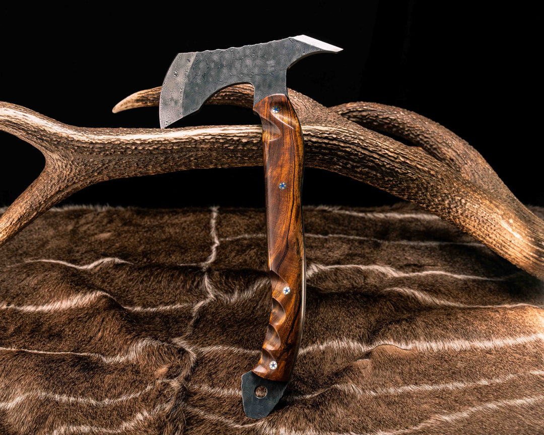 Recce Alpha Hawk- Baker Forge Raindrop Damascus- Desert Ironwood, 1937 Buffalo Nickel Over Engraved Brass Inlay, Mosaic Pins, Textured Grip