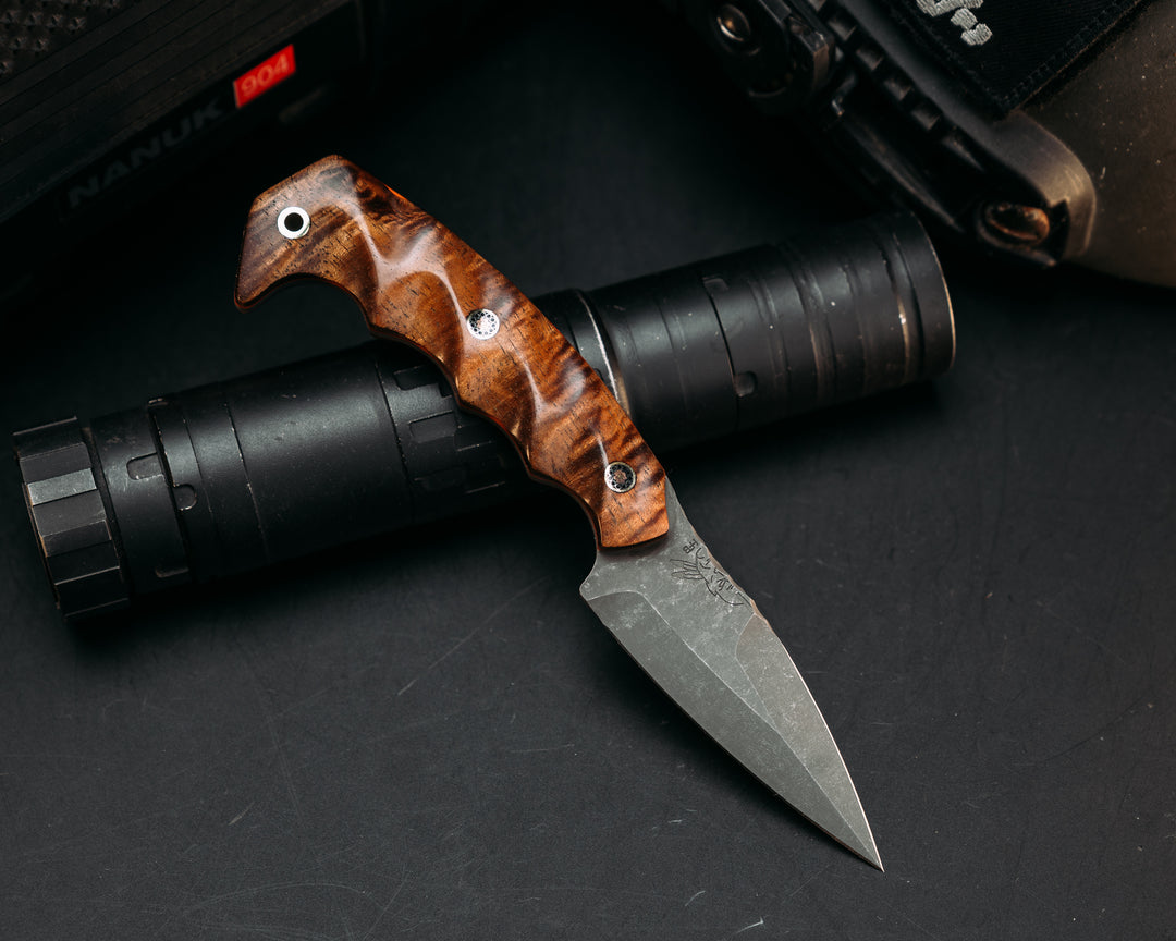 3" HUMINT- Hawaiian Curly Koa, Mosaic Pins, Brass Lanyard Pin, Textured Grip