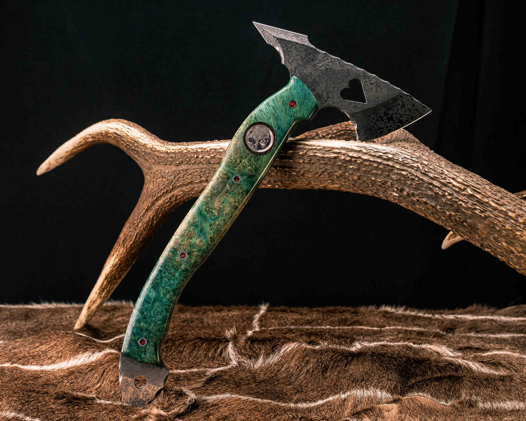 Bleeding Heart Hawk- Dyed Amboyna Burl, 1937 Buffalo Nickel Over Engraved Copper Inlay, Pearl Ruby Resin Aluminum Pins, Smooth Grip