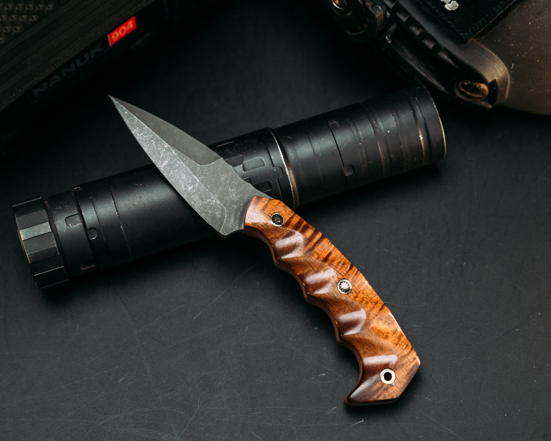 3" HUMINT- Hawaiian Curly Koa, Mosaic Pins, Brass Lanyard Pin, Textured Grip