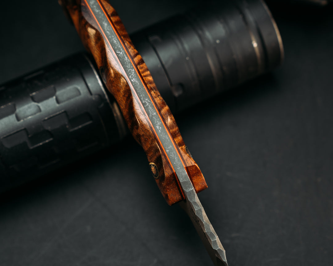 3" HUMINT- Hawaiian Curly Koa, Mosaic Pins, Brass Lanyard Pin, Textured Grip