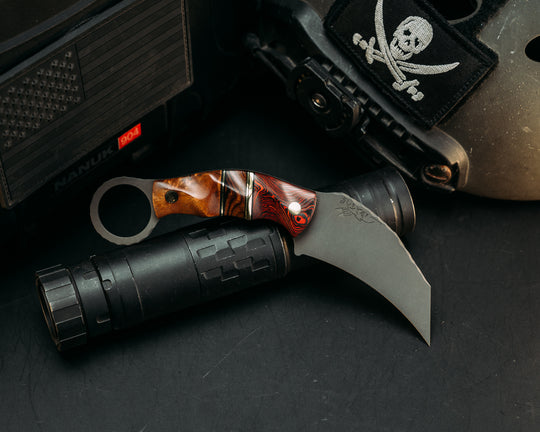 Karambito- Lava Flow FAT Carbon, Black G10 and Brass Pin Striping, Desert Ironwood Split, Hawaiian Curly Koa, Brass Pins, Textured Grip