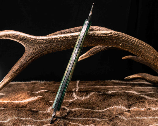 Bleeding Heart Hawk- Dyed Amboyna Burl, 1937 Buffalo Nickel Over Engraved Copper Inlay, Pearl Ruby Resin Aluminum Pins, Smooth Grip