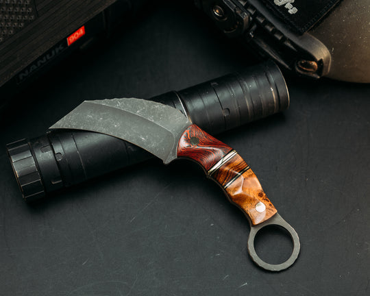 Karambito- Lava Flow FAT Carbon, Black G10 and Brass Pin Striping, Desert Ironwood Split, Hawaiian Curly Koa, Brass Pins, Textured Grip