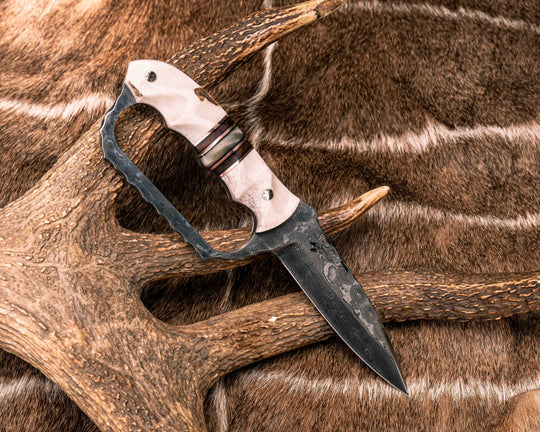 Trench Knife- Baker Forge Raindrop Damascus- Elk Antler, Black G10 and Copper Pin Striping, Desert Ironwood and Rams Horn Split, Mosaic Pins, Textured Grip