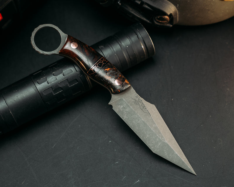 Ring Tac Tanto- Red Dark Matter Carbon, Black G10 and Copper Pin Striping, Black with Copper Web Tru-stone Split, Hawaiian Curly Koa, Copper Pins, Smooth Grip