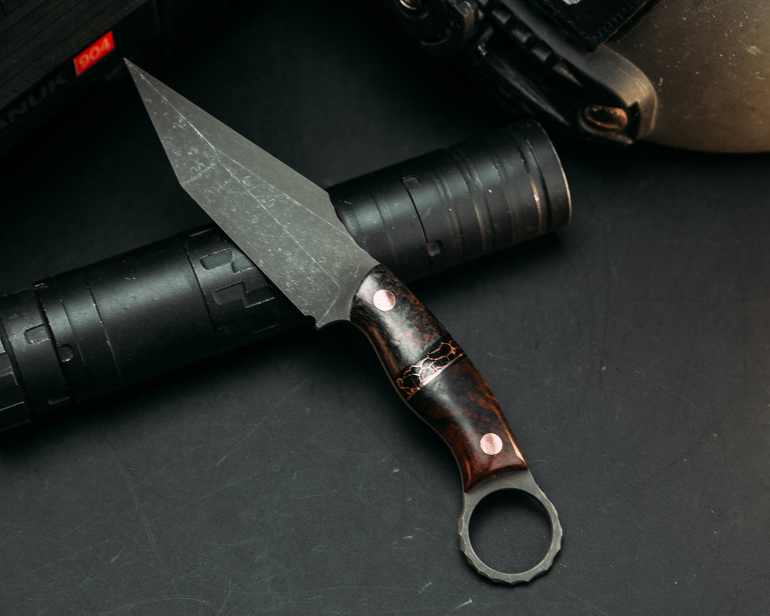 Ring Tac Tanto- Red Dark Matter Carbon, Black G10 and Copper Pin Striping, Black with Copper Web Tru-stone Split, Hawaiian Curly Koa, Copper Pins, Smooth Grip