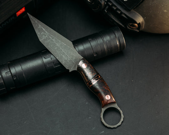 Ring Tac Tanto- Red Dark Matter Carbon, Black G10 and Copper Pin Striping, Black with Copper Web Tru-stone Split, Hawaiian Curly Koa, Copper Pins, Smooth Grip