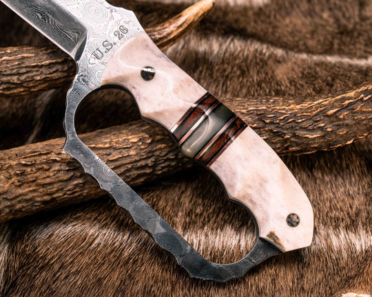 Trench Knife- Baker Forge Raindrop Damascus- Elk Antler, Black G10 and Copper Pin Striping, Desert Ironwood and Rams Horn Split, Mosaic Pins, Textured Grip