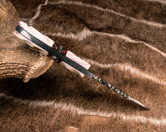 Trench Knife- Baker Forge Raindrop Damascus- Elk Antler, Black G10 and Copper Pin Striping, Desert Ironwood and Rams Horn Split, Mosaic Pins, Textured Grip