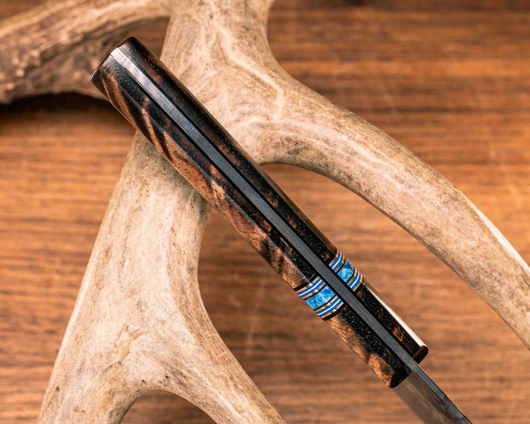 Chef Blade- Old Stock Damascus- Hawaiian Curly Koa, Black G10, Brass, Blue G10 and White G10 Pin Striping, Dark Denim Recon Stone Split, Mosaic Pins, Smooth Grip