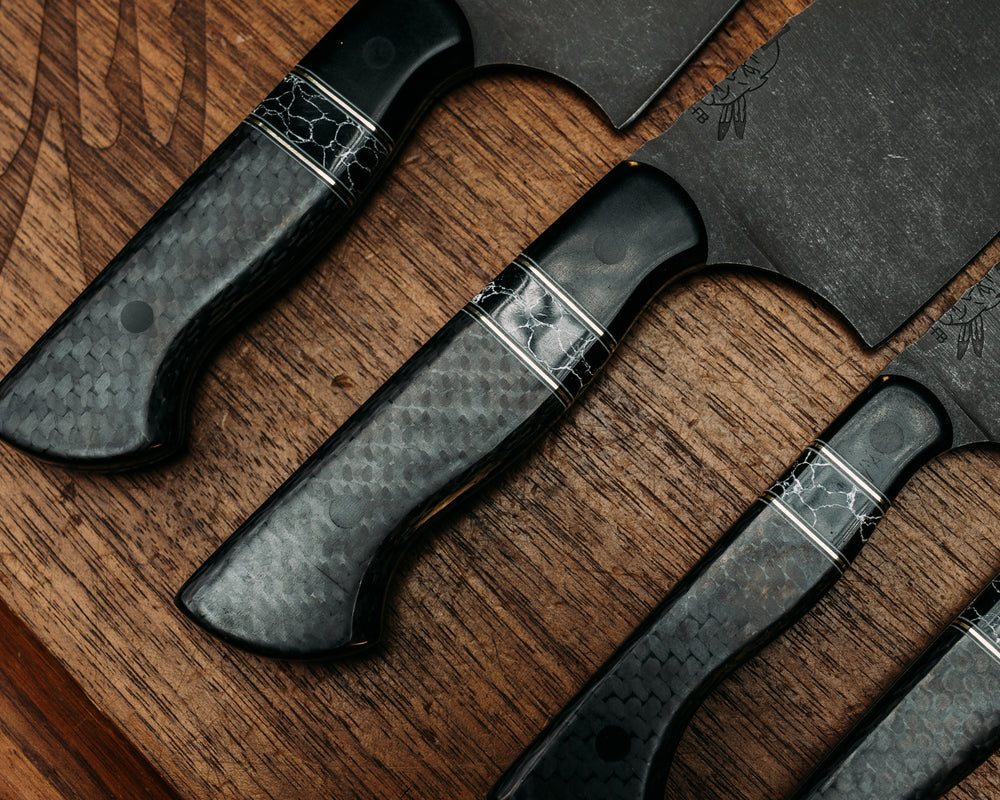 Chef Set- African Blackwood, Black G10, White G10 and Brass Pin Striping, Black with White Web Tru-stone Split, Carbon, CF Pins, Smooth Grip
