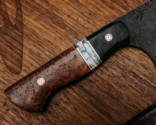 2 Piece Chef Set- Dyed Redwood, Black G10 and Brass Pin Striping, White Turquoise Tru-stone Split, Redwood Burl, Mosaic Pins, Smooth Grip
