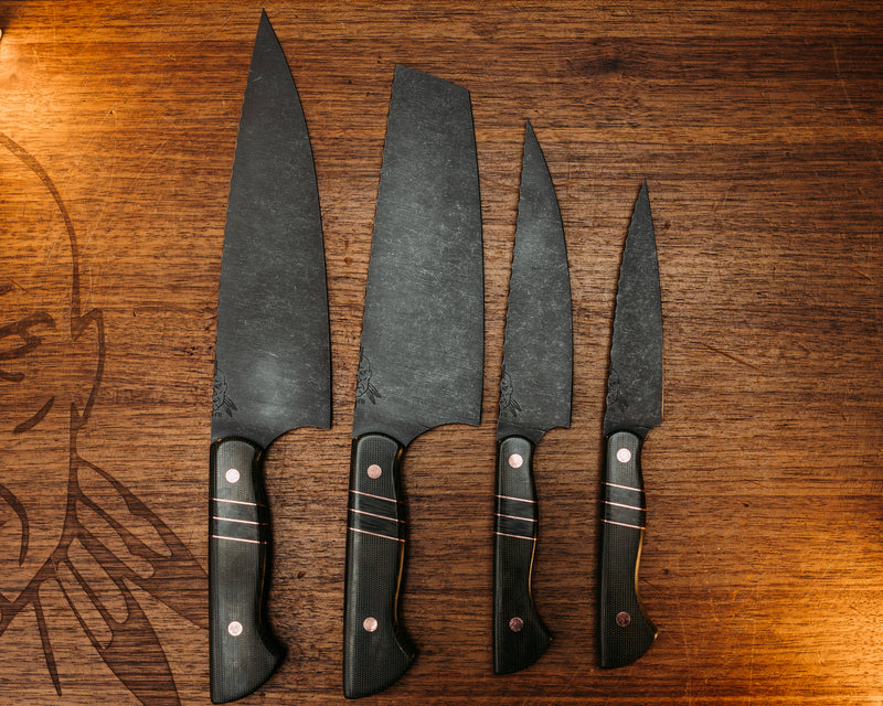 Chef Set- Olive Green Canvas Micarta, Copper Pin Striping, Olive Green Canvas Micarta, Copper Pins, Smooth Grip