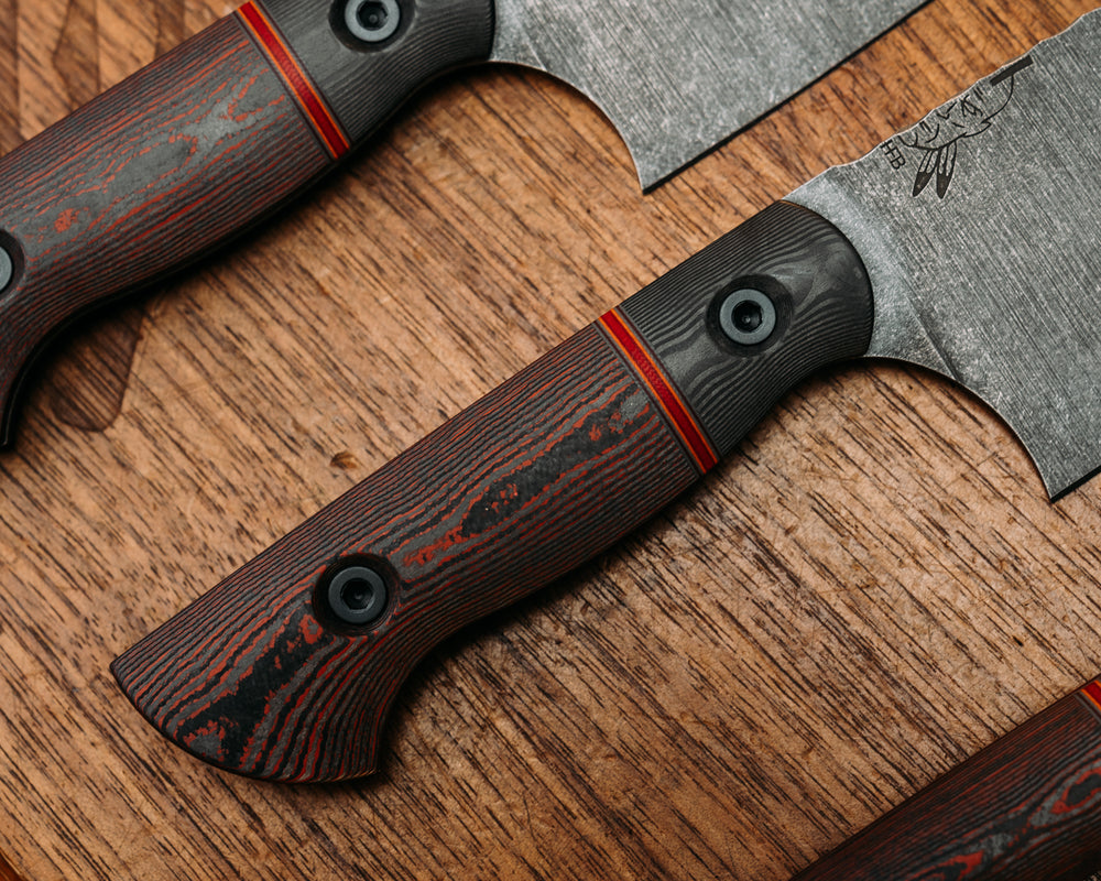 Chef Set - Black Dunes Carbon, Grey G10, Ruby G10, Orange G10 and Cherry G10 Split, Lava Flow FAT Carbon, Allen Bolts, Smooth Grip, Acid Etched