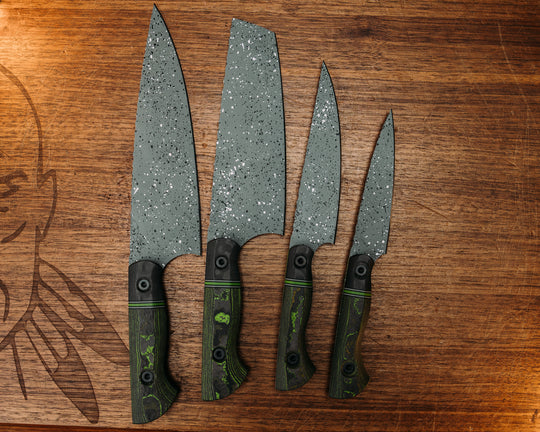 Chef Set - Black Dunes Carbon, Black G10, Grey G10, White G10 and Acid Green G10 Split, Green FAT Carbon, Grey with Black and White Splatter Cerakote, Allen Bolts, Smooth Grip,
