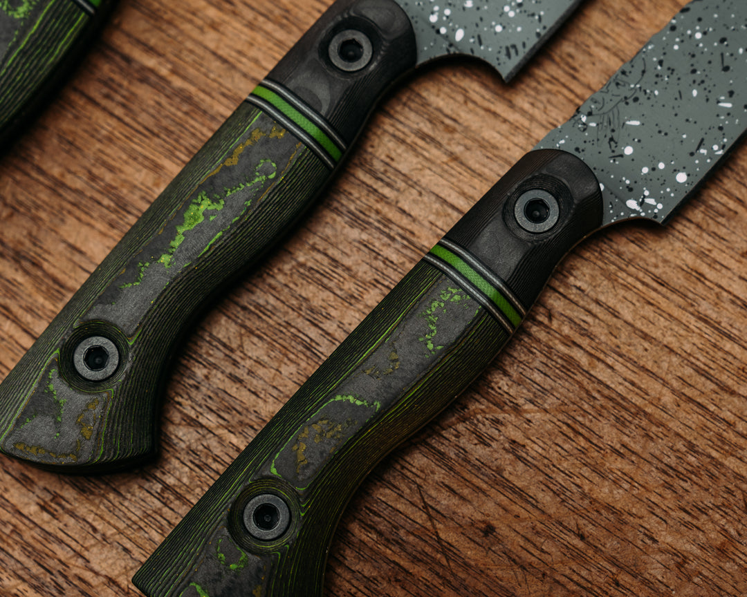 Chef Set - Black Dunes Carbon, Black G10, Grey G10, White G10 and Acid Green G10 Split, Green FAT Carbon, Grey with Black and White Splatter Cerakote, Allen Bolts, Smooth Grip,
