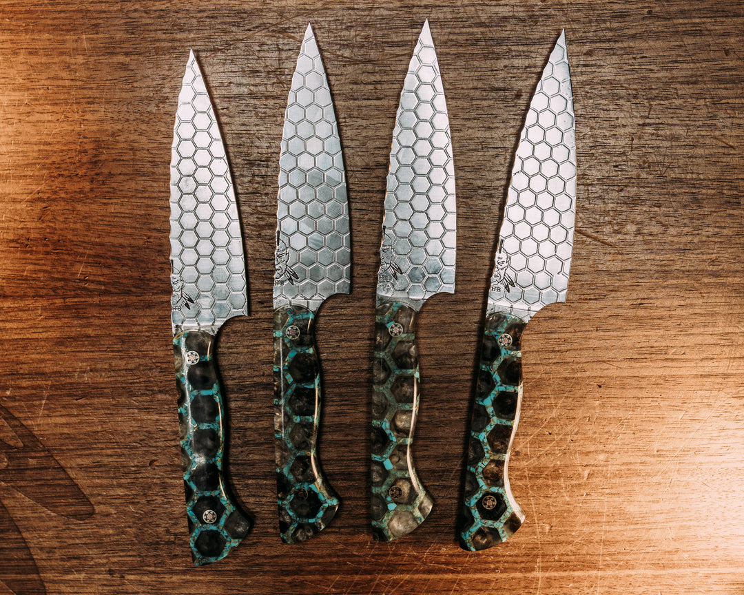 Steak Knife set (4 piece)- Grey Tru-LaRue Resin and Crushed Turquoise Tru-stone Honeycomb, Mosaic Pins, Smooth Grip