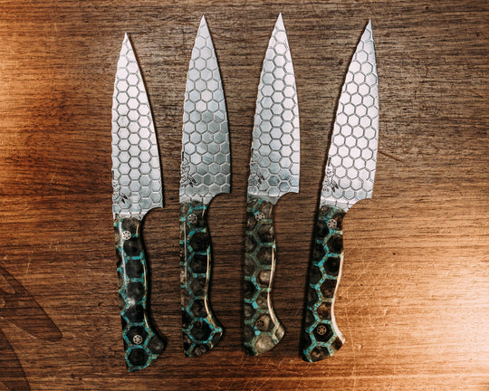 Steak Knife set (4 piece)- Grey Tru-LaRue Resin and Crushed Turquoise Tru-stone Honeycomb, Mosaic Pins, Smooth Grip