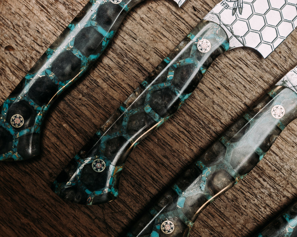 Steak Knife set (4 piece)- Grey Tru-LaRue Resin and Crushed Turquoise Tru-stone Honeycomb, Mosaic Pins, Smooth Grip