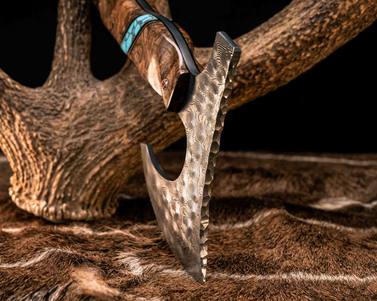 Viking Hawk- Baker Forge Raindrop Damascus- Chechen Caribbean Rosewood, Black G10, White G10 and Copper Pin Striping, Turquoise with Copper Web Tru-stone Split, Copper Patriot Mosaic Pins, Textured Grip