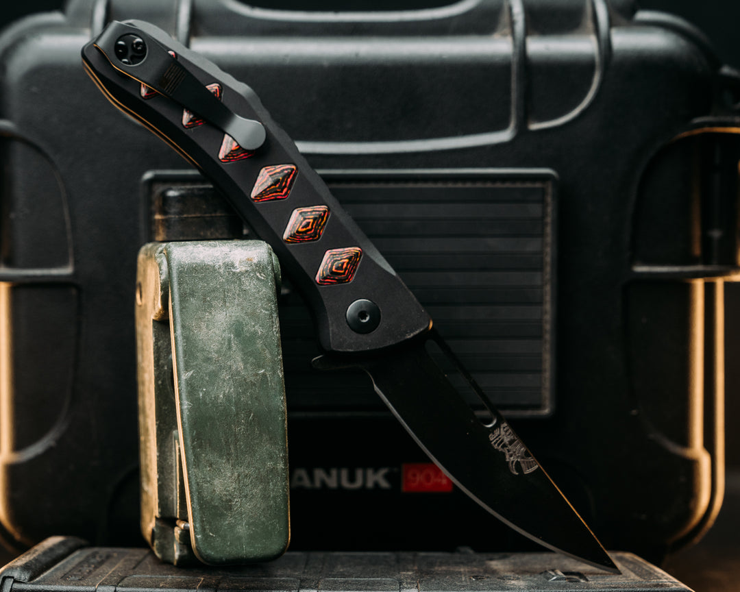 Custom Kwaiken Folder- Camo Quartz, Anodized Black Handle, Black Nitride Blade, Textured Grip, Deep Carry Pocket Clip