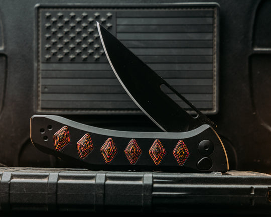 Custom Kwaiken Folder- Camo Quartz, Anodized Black Handle, Black Nitride Blade, Textured Grip, Deep Carry Pocket Clip
