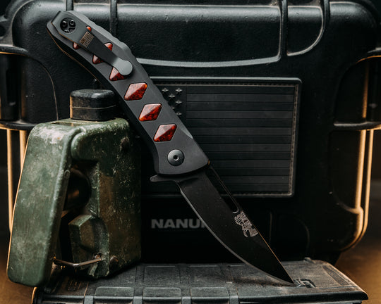 Custom Kwaiken Folder- Amboyna, Anodized Black Handle, Black Nitride Blade, Textured Grip, Deep Carry Pocket Clip