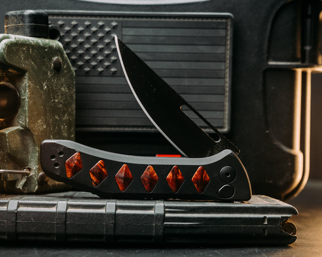 Custom Kwaiken Folder- Amboyna, Anodized Black Handle, Black Nitride Blade, Textured Grip, Deep Carry Pocket Clip