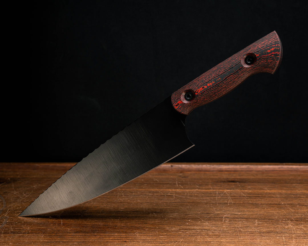 Chef Blade - Lava Flow FAT Carbon, Armor Black Cerakote, Rock Worked Spine, Allen Bolts, Smooth Grip