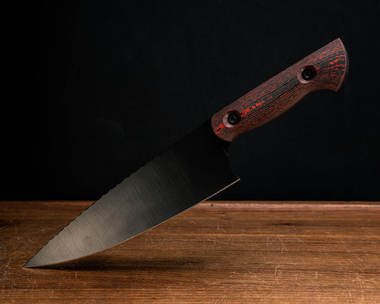 Chef Blade - Lava Flow FAT Carbon, Armor Black Cerakote, Rock Worked Spine, Allen Bolts, Smooth Grip