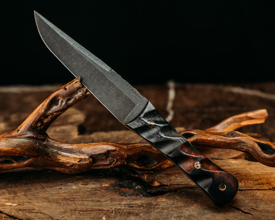 One Off Prototype- Carbon Fiber, Navy S.E.A.L AOR 2 Cammie Micarta Split, Desert Ironwood, Patriot Mosaic Pins, Textured Grip