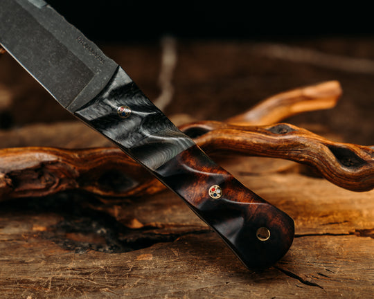 One Off Prototype- Carbon Fiber, Navy S.E.A.L AOR 2 Cammie Micarta Split, Desert Ironwood, Patriot Mosaic Pins, Textured Grip
