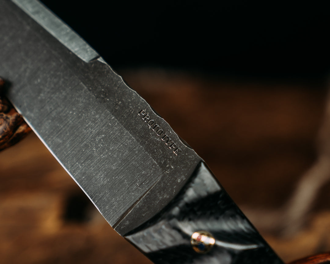 One Off Prototype- Carbon Fiber, Navy S.E.A.L AOR 2 Cammie Micarta Split, Desert Ironwood, Patriot Mosaic Pins, Textured Grip