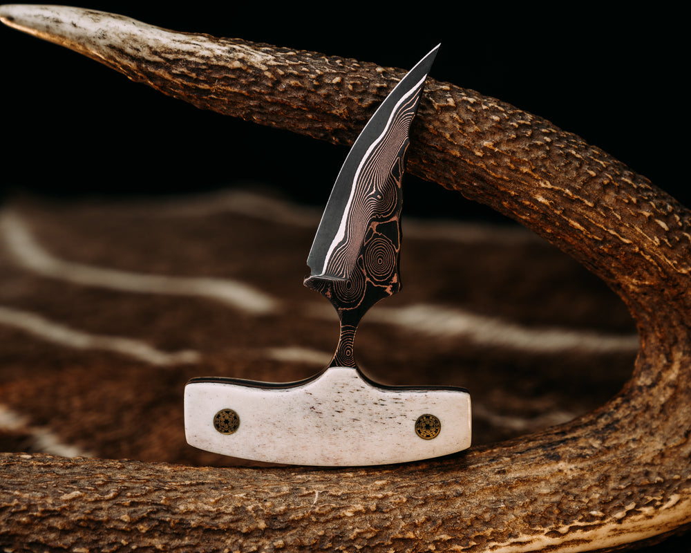 K9 Push Blade- Baker Forge CopperMai -Raindrop (Ni Shim)-Elk Antler, Mosaic Pins, Smooth Natural Grip