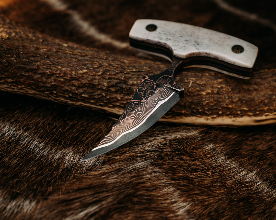 K9 Push Blade- Baker Forge CopperMai -Raindrop (Ni Shim)-Elk Antler, Mosaic Pins, Smooth Natural Grip