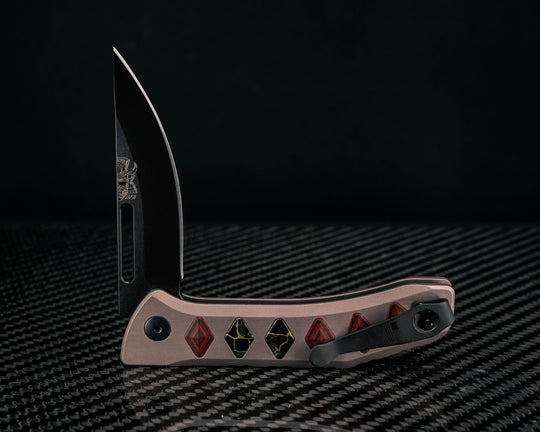 Custom Kwaiken Folder- Red Dragon Camoquartz and Black with Gold Web Tru-stone Inlay, Anodized Grey Handle, Black Nitride Blade, Textured Grip, Deep Carry Pocket Clip