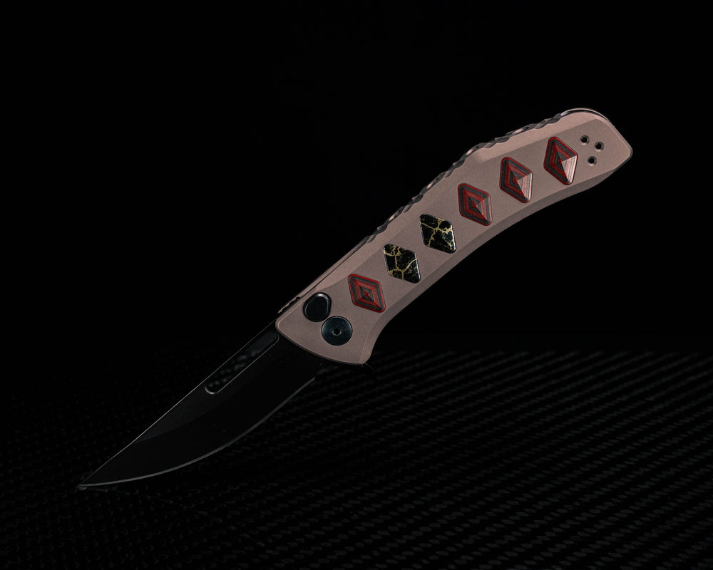 Custom Kwaiken Folder- Red Dragon Camoquartz and Black with Gold Web Tru-stone Inlay, Anodized Grey Handle, Black Nitride Blade, Textured Grip, Deep Carry Pocket Clip