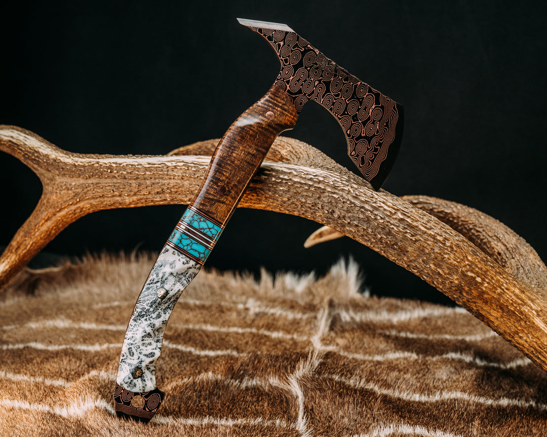 Reece Charlie Hawk- Baker Forge Raindrop CopperMai- Hawaiian Curly Koa, Black G10, Copper and White G10 Pin Striping, Turquoise with Copper Web Tru-stone Split, Dyed Coral, Copper Pins, 3/8" Mosaic Pins, Textured Grip